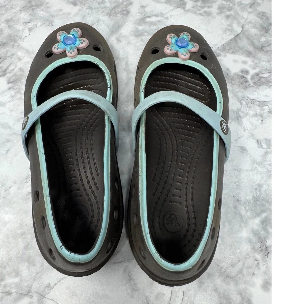 Crocs Mary Jane 💙Brown Blue‎ Flower Jibbitz Girls Youth Size 12 Clog Shoes